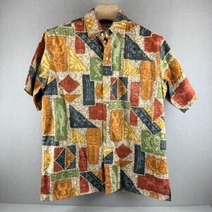 Reyn Spooner Mens Large Hawaiian Shirt Tiki Geometric Block Print Short Sleeve